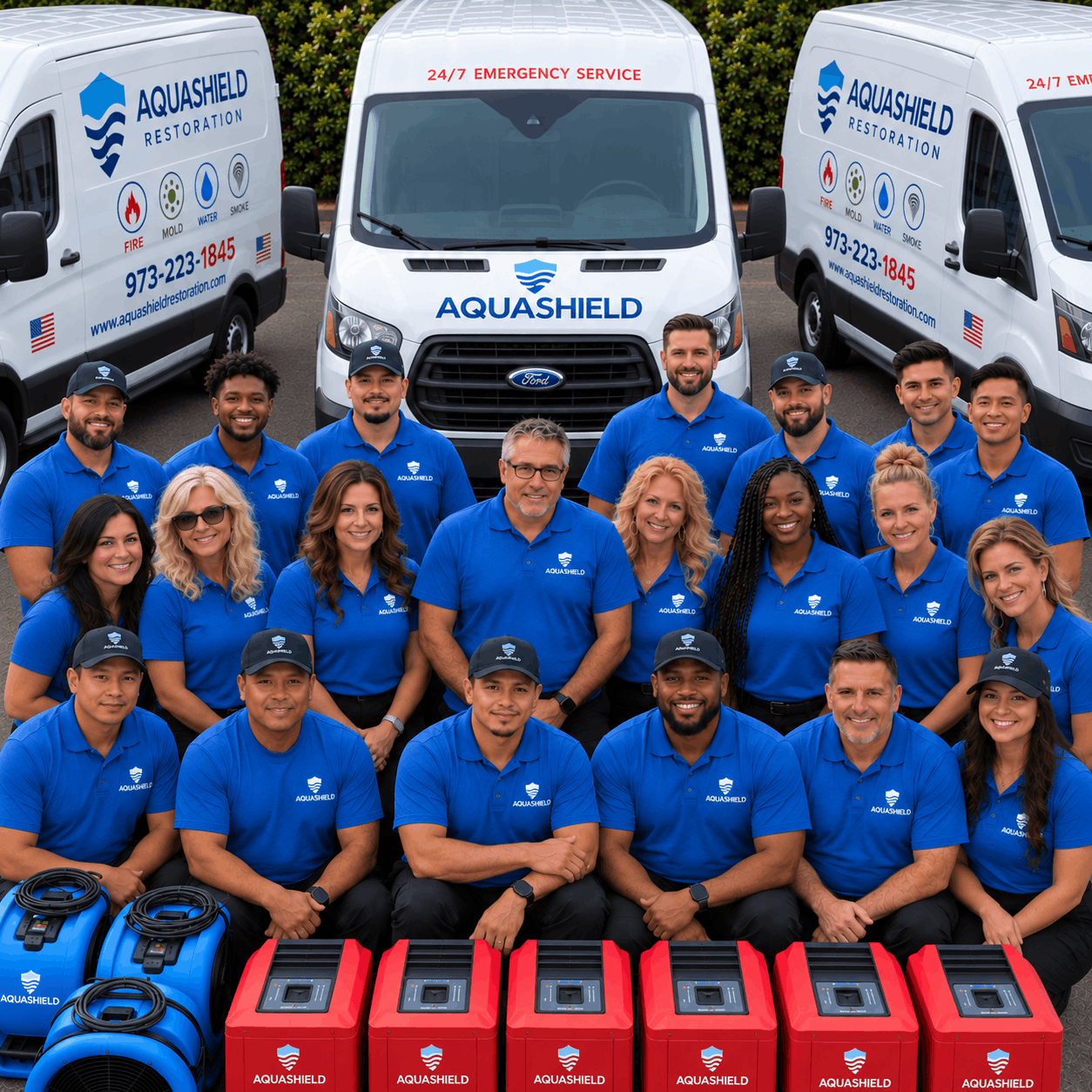 The AquaShield Restoration crew in front of their service vans with air movers and dehumidifiers
